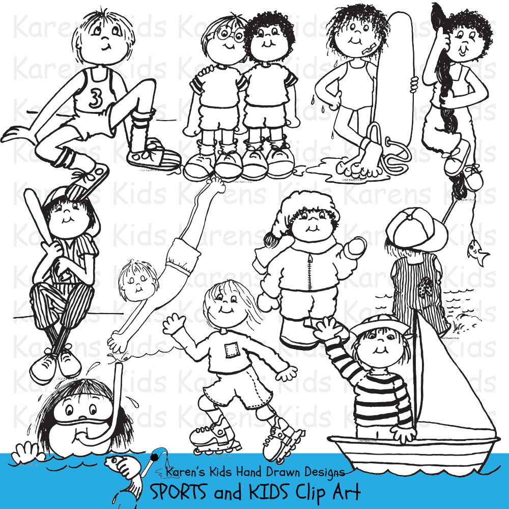 Black and white clip Art examples of Sports and Kids; bicycle clip art, boating, basketball clipart, gymnastics, swimming by Karen's Kids clipart..