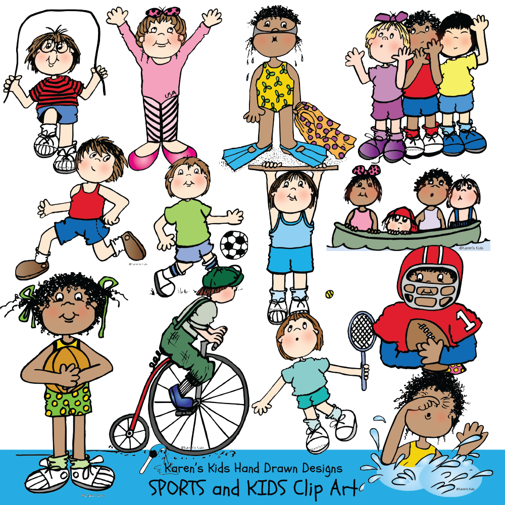 Full color clip Art examples of Sports and Kids; bicycle clip art, boating, basketball clipart, gymnastics, swimming by Karen's Kids.