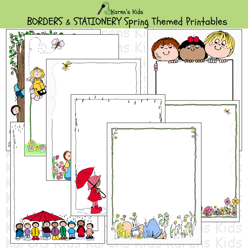 Samples of colorful, editable Spring BORDERS and stationery (Karen's Kids Editable Printables)