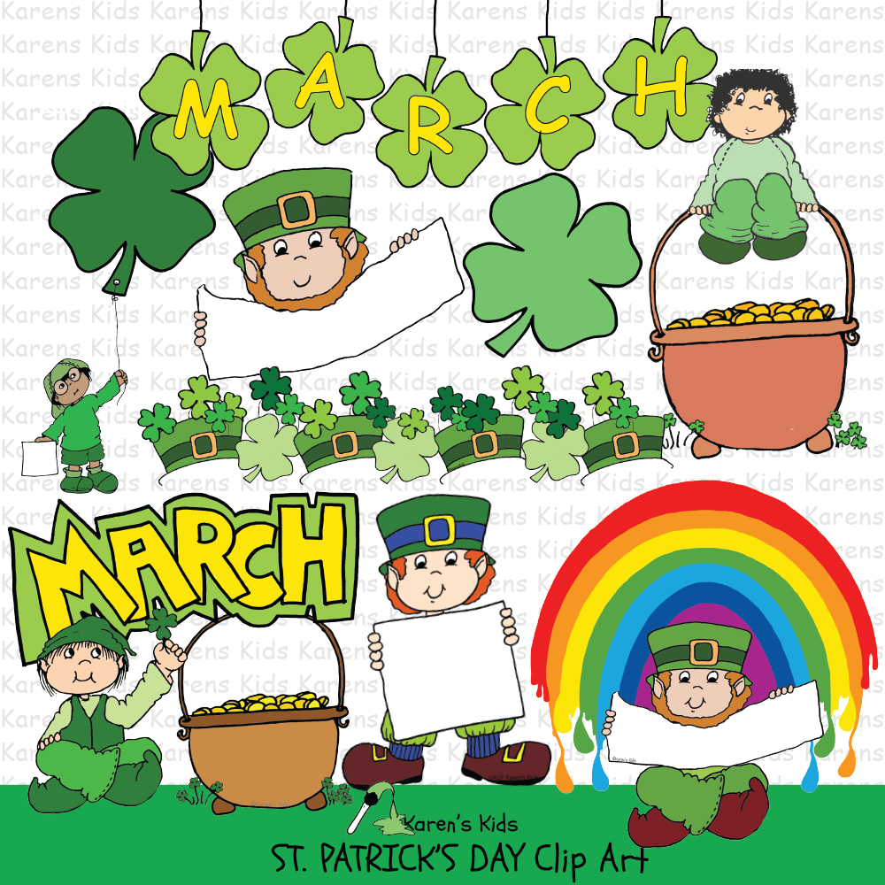 Title of page says St. Patrick's Day Clip Art.9 colorful images with March themes. Leprechaun holding a sign with rainbow behind, Little Leprechaun holding a sign, a row of hats and clovers, Leprechaun holding a pot of gold with a MARCH sign behind him, a header with clovers and a letter on each spelling MARCH, and more.
