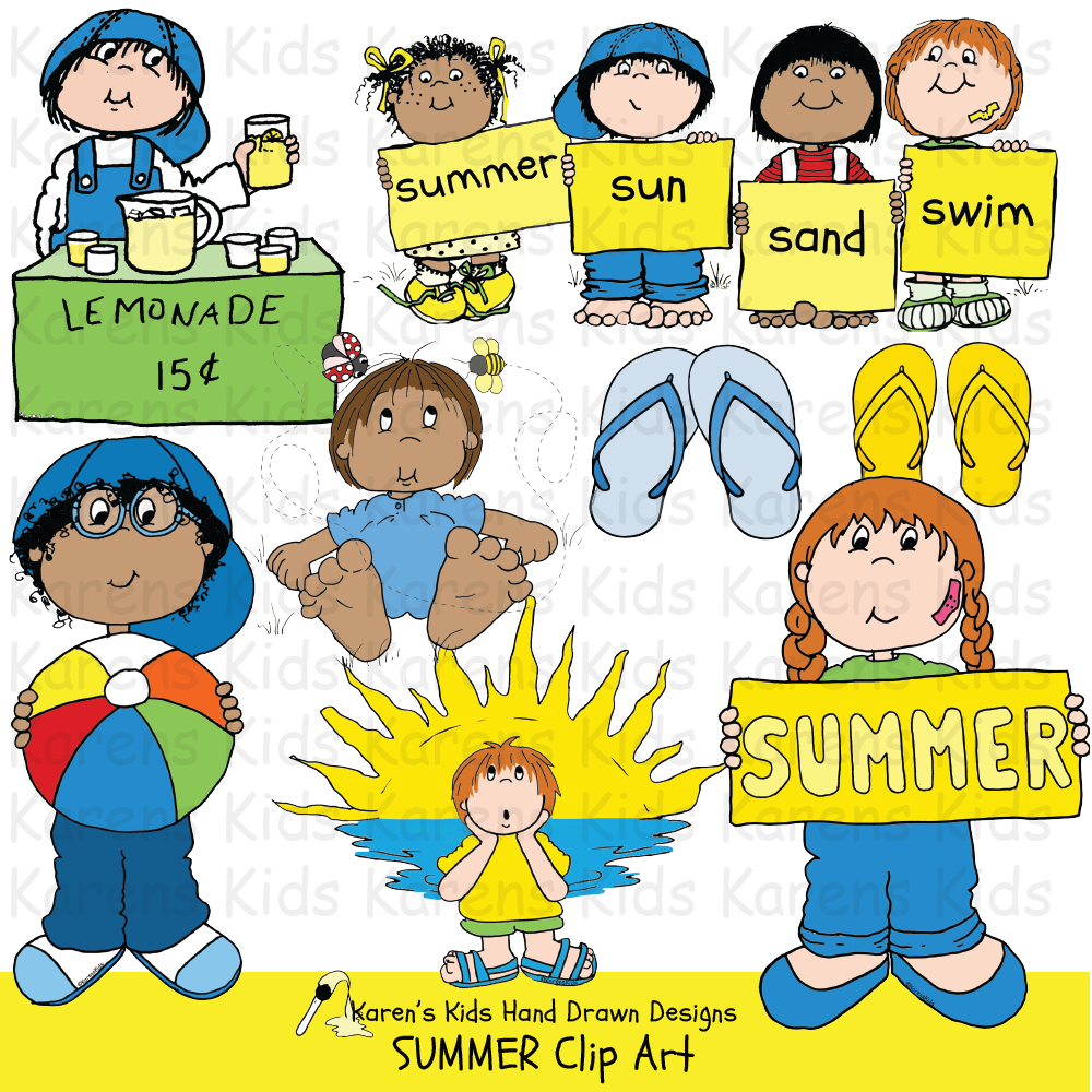 Title reads SUMMER CLIP ART. 8 colorful kids in summer colors. A child is holding a glass of lemonade, behind a sign that says, LEMONADE 15¢. 4 kids each holding a yellow sign with the words summer, sun, sand, swim, a boy holding a beach ball, a boy standing in front of water and large sun., a child holding a  large colorful  sign  that says SUMMER.