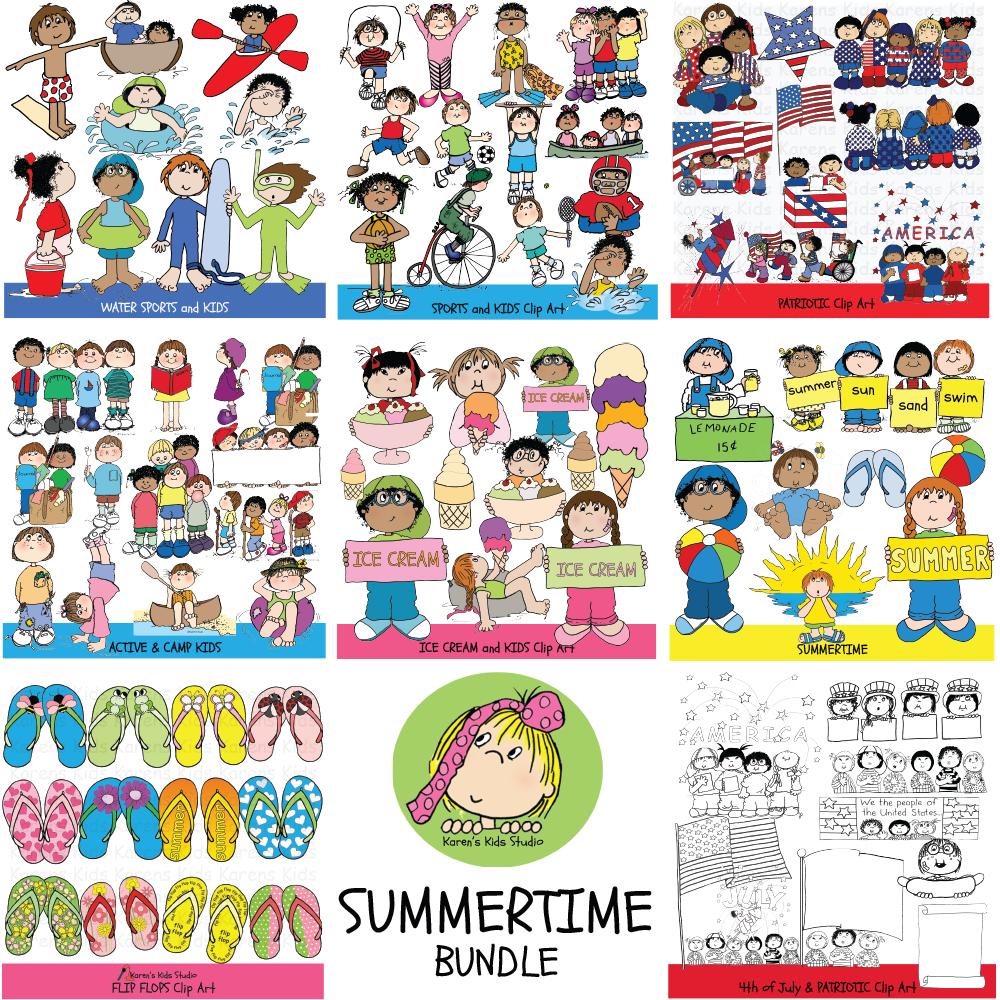 Clip Art SUMMER CLIP ART MEGA BUNDLE. Full color images, kids swimming, boating, biking. playing football, basketball, kids at camp, hiking, eating ice cream, holding summer signs, red, white and blue images celebrating 4th of July, flip flops in all different designs, and a page of black and white images.