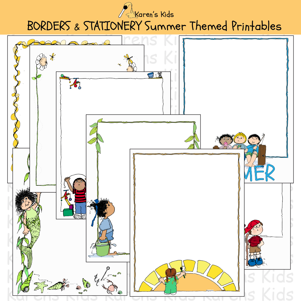 Samples of colorful, editable Summer BORDERS and stationery (Karen's Kids Editable Printables)