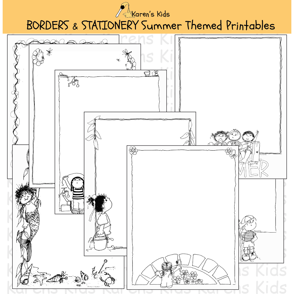 Samples of black, white, editable Summer BORDERS and stationery (Karen's Kids Editable Printables)