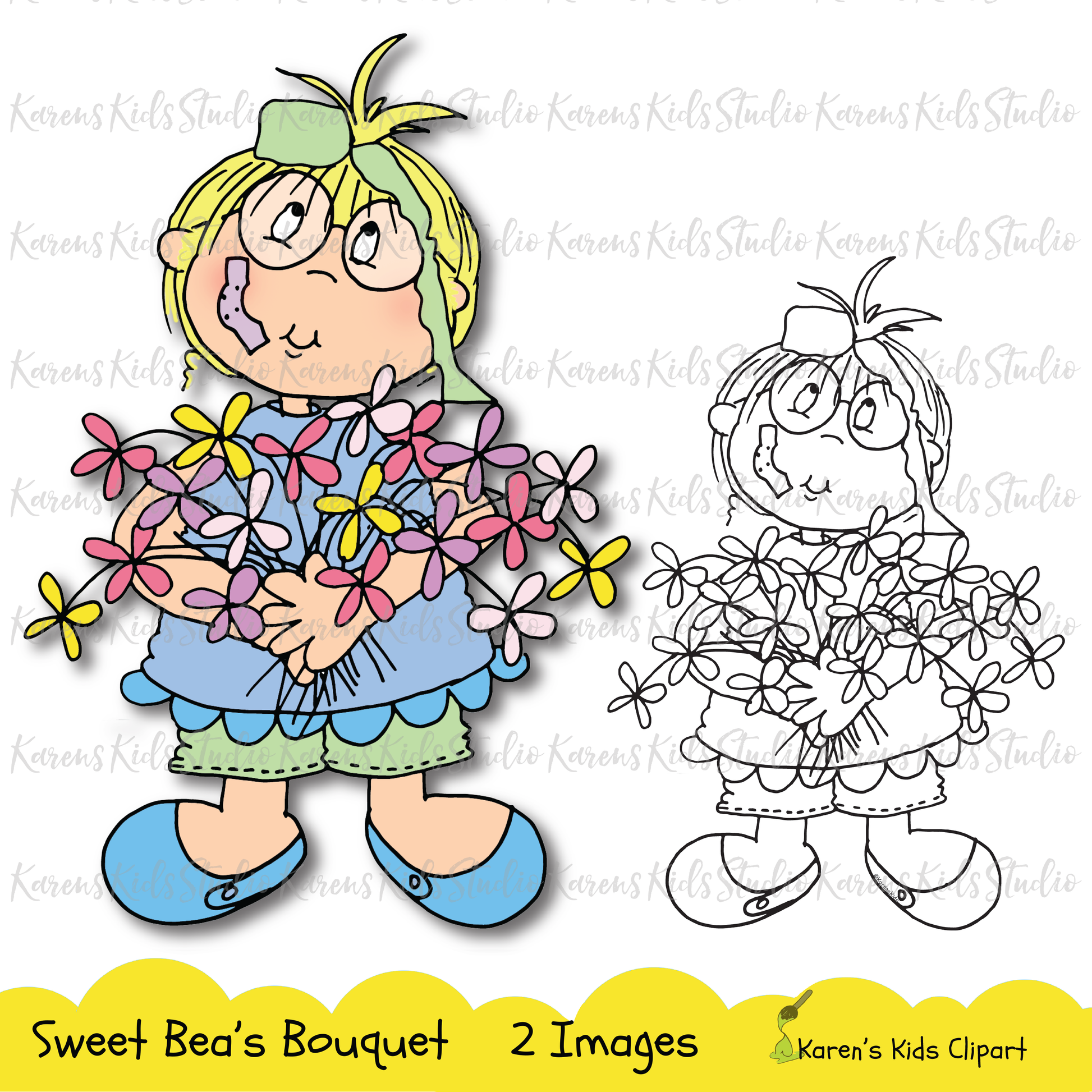 Sweet Bea digital stamp colors the world with flowers and smiles.&nbsp; She picked&nbsp;flowers for someone special and now she's ready to&nbsp;hand&nbsp;them out.&nbsp;&nbsp;Let someone know&nbsp;how special they are with this cutie pie digital stamp image.  Add your own creative&nbsp;coloring to the black and white image of Sweet Bea.