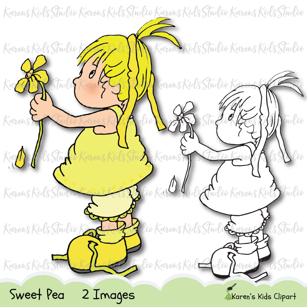 She's always picking flowers for someone.&nbsp;&nbsp;Add&nbsp;Sweet Pea and the flower she picked to your 'thank you' projects. Sweet Peas is wearing yellow, her favorite color and holding a yellow flower with a petal falling off. Black line drawing of same image.