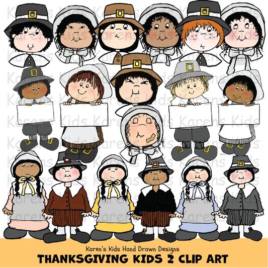 Title reads THANKSGIVING KIDS 2 CLIPART. Full color clipart kids dressed in bonnets and 1600's costumes. 6 kids dressed in Pilgrim hats. Boys and girls dressed outfits.