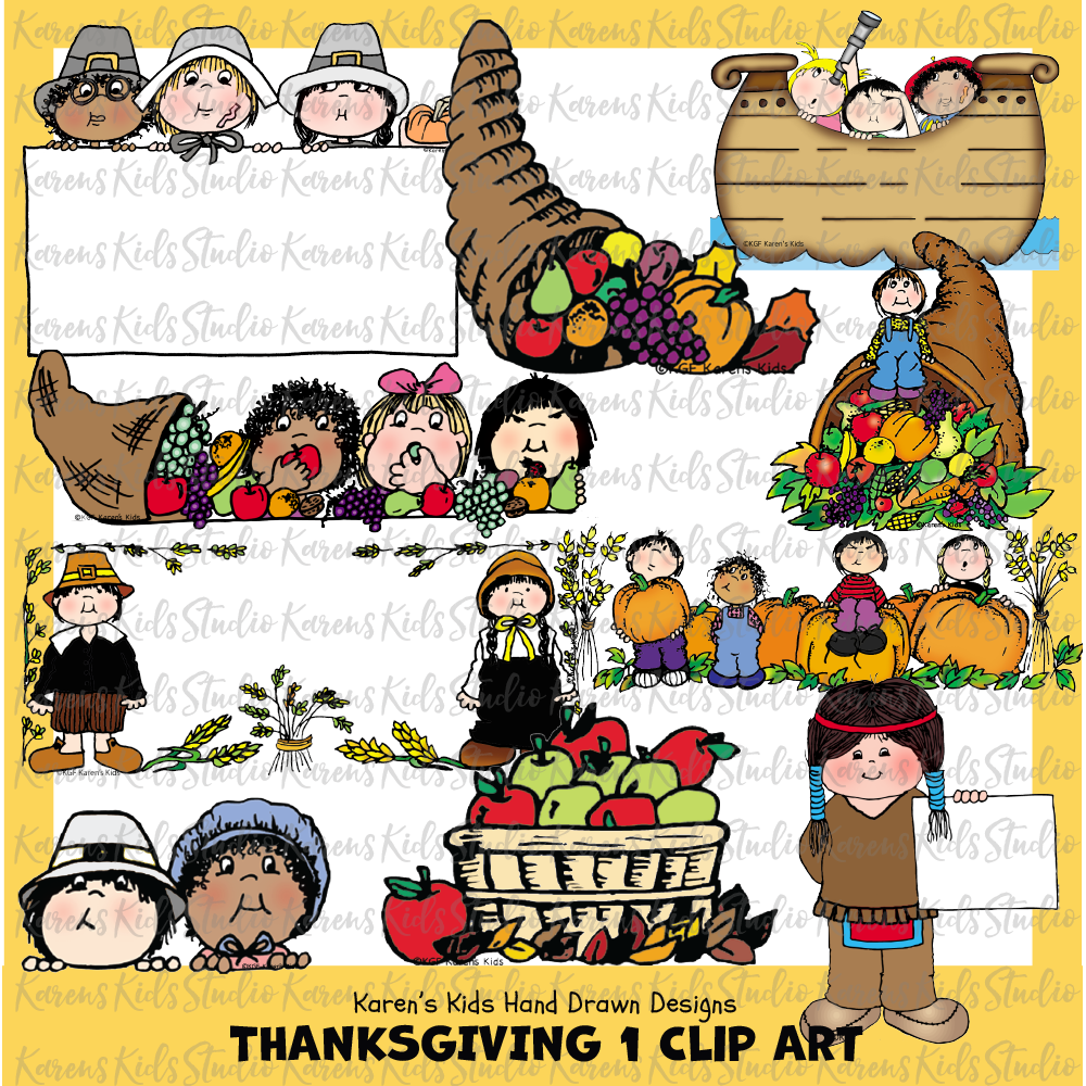 Image title reads THANKSGIVING 1 CLIP ART. 10 images with fall colors. 3 kids in Pilgrim hats hold a blank sign, horn of plenty with fruit and veggies, basket of red and green apples and fall leaves, 2 Pilgrim kids stand at the end of a blank sign bordered with wheat, and more.