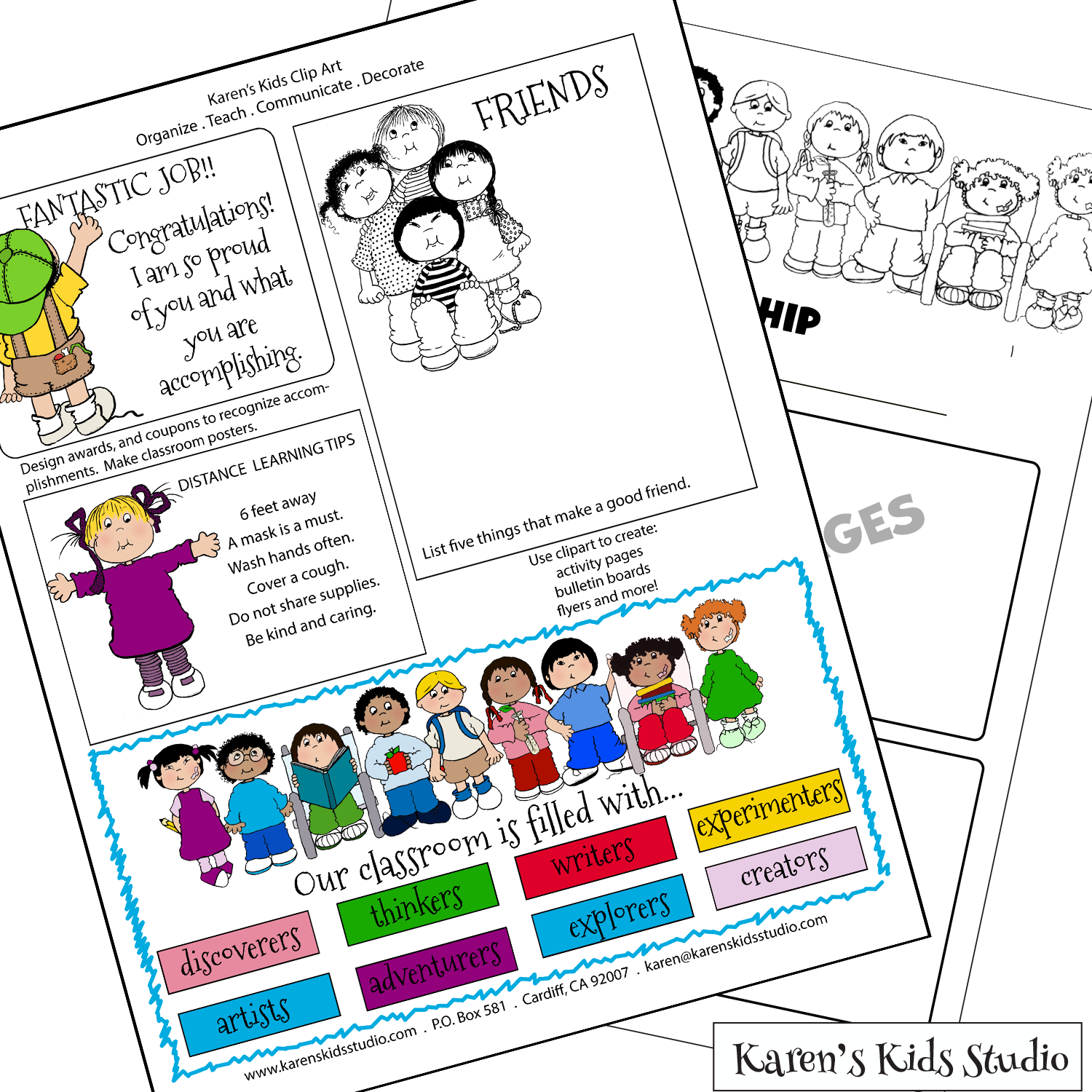 Examples of using clipart full color and black and white. Example of kids coloring page and cute classroom posters in full color.