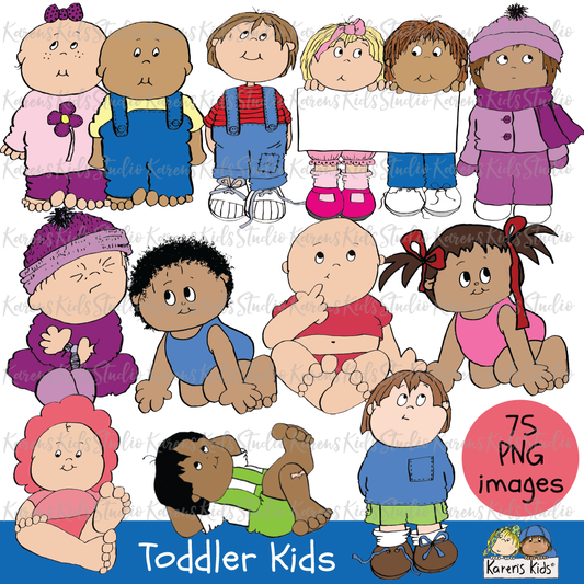 Title reads TODDLER KIDS, 75 PNG images.11 chubby-cheeked kids in colorful baby clothes. Kids are standing, crawling, laying on the floor, and more.