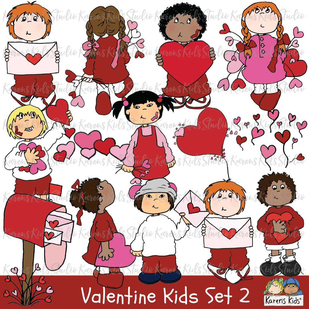 Valentine clipart, illustrations of valentines, kids holding valentines, girl holding valentine balloons, boy holding valentine, red mailbox with valentines, kids with valentines clip art 