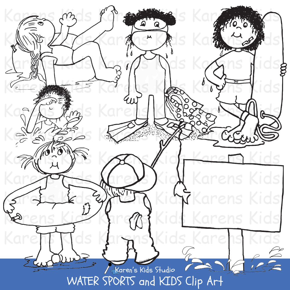 Clip Art of black and white Water Sports and Kids images (Karen's Kids Clipart)