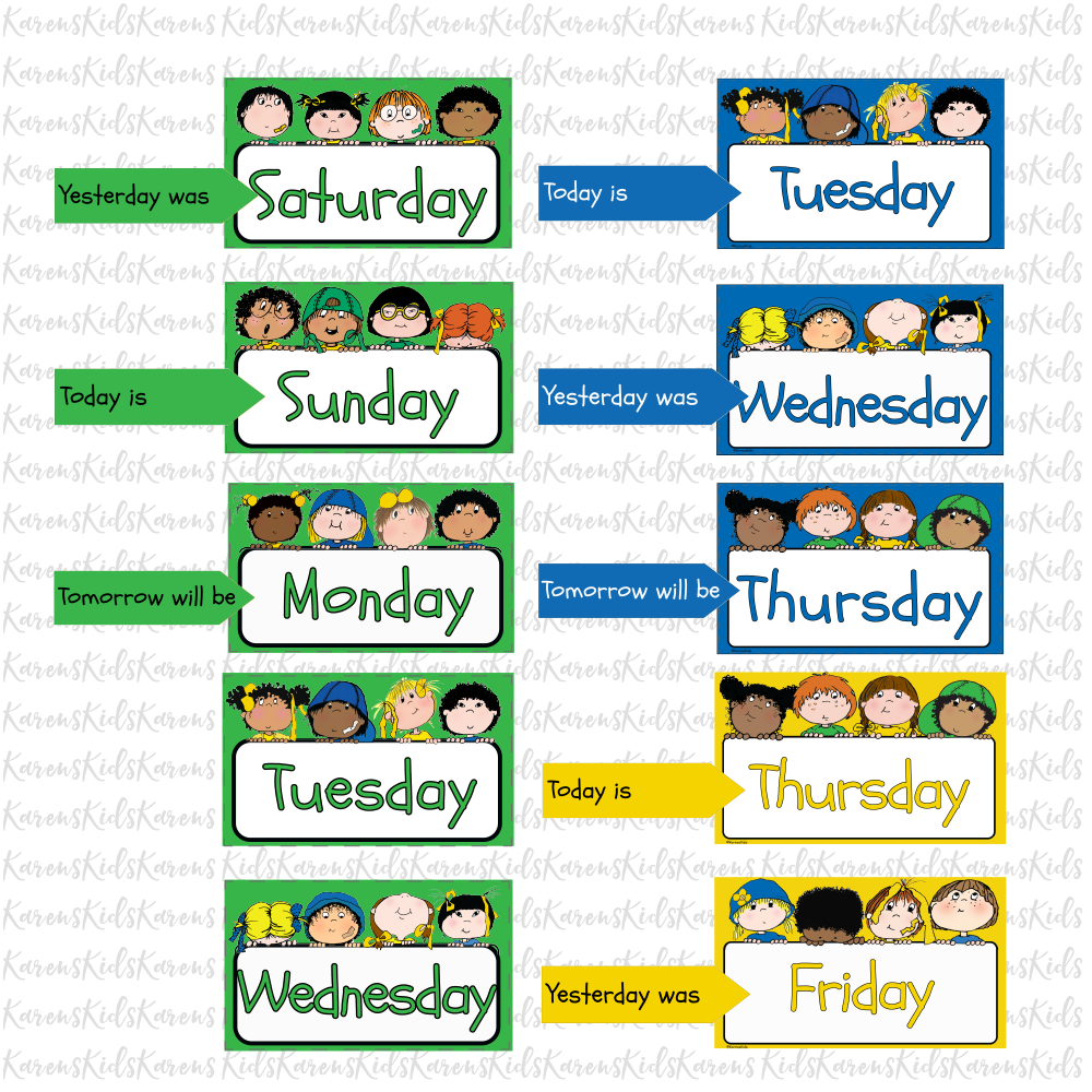 Days of the Week CARDS Bright Colors Set PDF Ready to Use (Karen's Kids Printables)