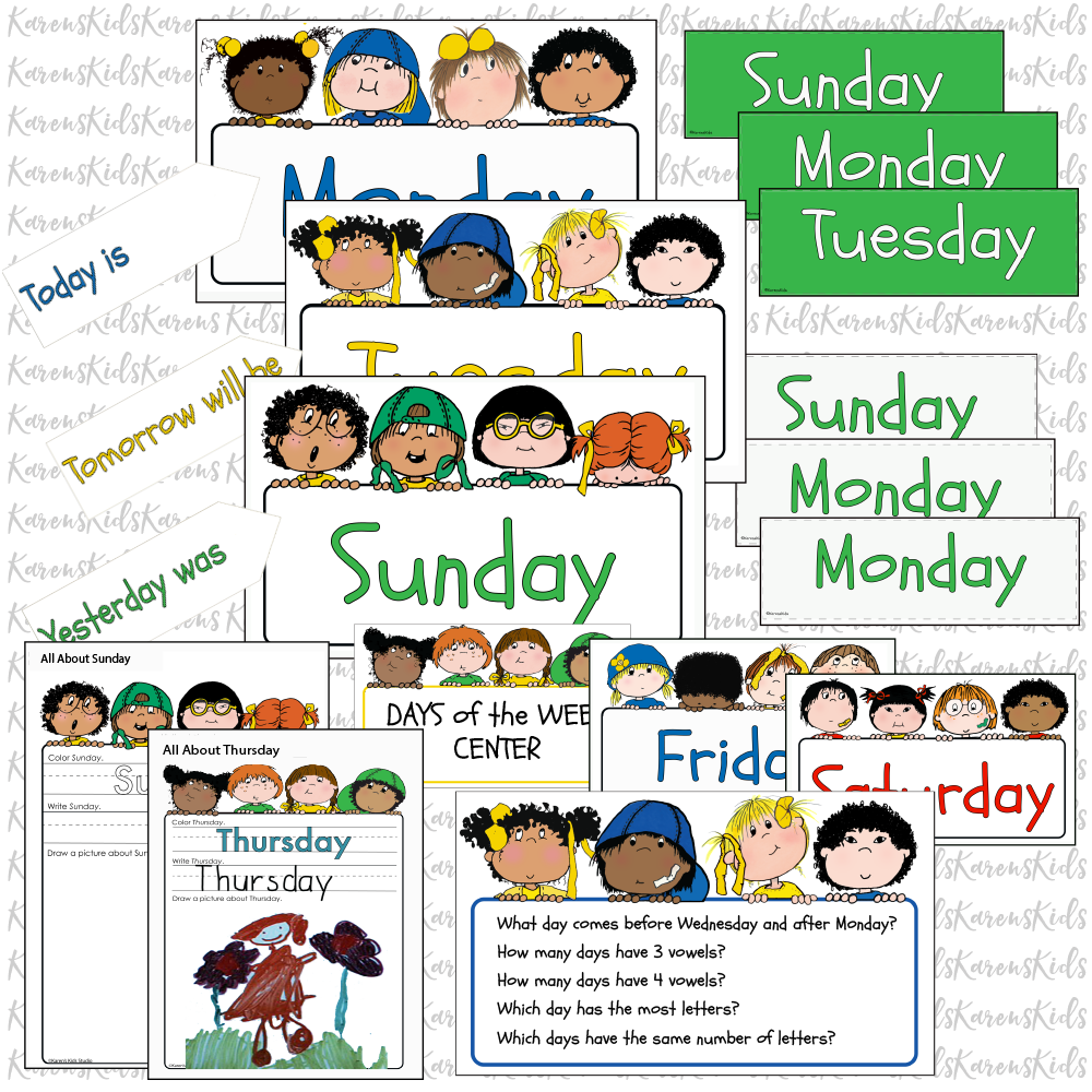 Days of the Week CARDS Happy Kids Set PDF Ready to Use (Karen's Kids Printables)