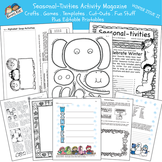 Samples of Winter activity kit 2 including: create a creature activity, alphabet soup activity, winter words activity and more