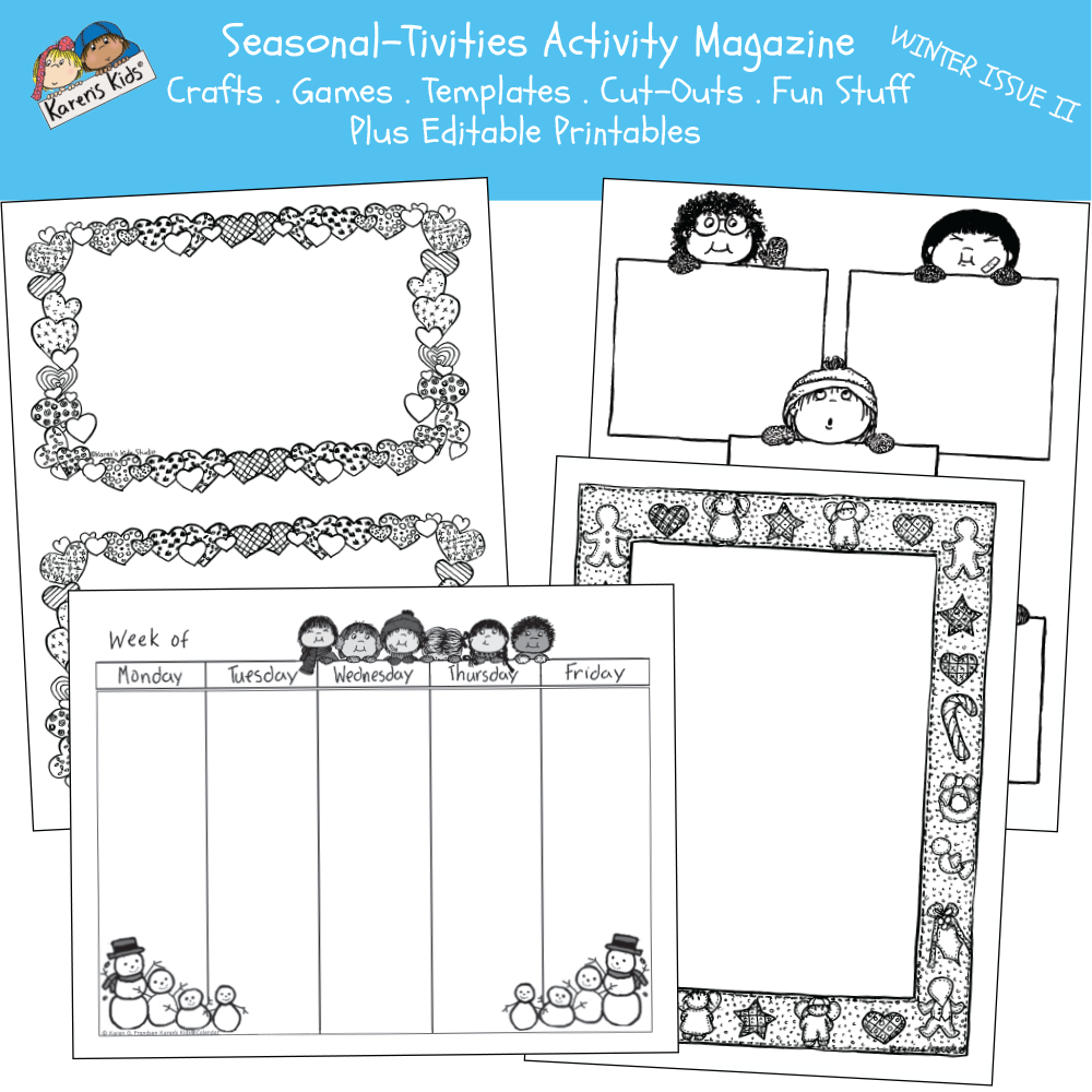 Sample Winter pages including a bordered page, a wintery weekly calendar, and more.