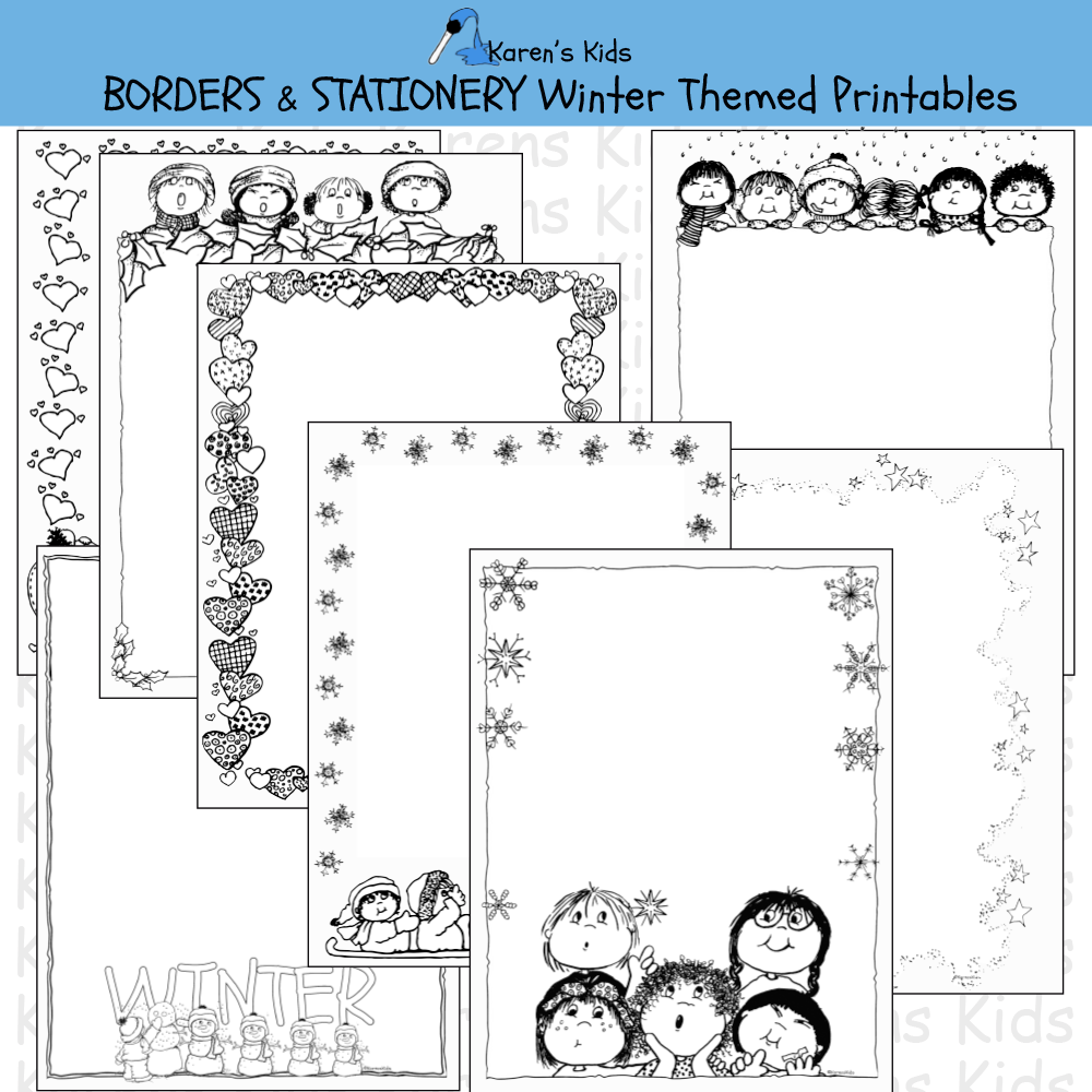 Samples of black, white editable Winter BORDERS and stationery (Karen's Kids Editable Printables)
