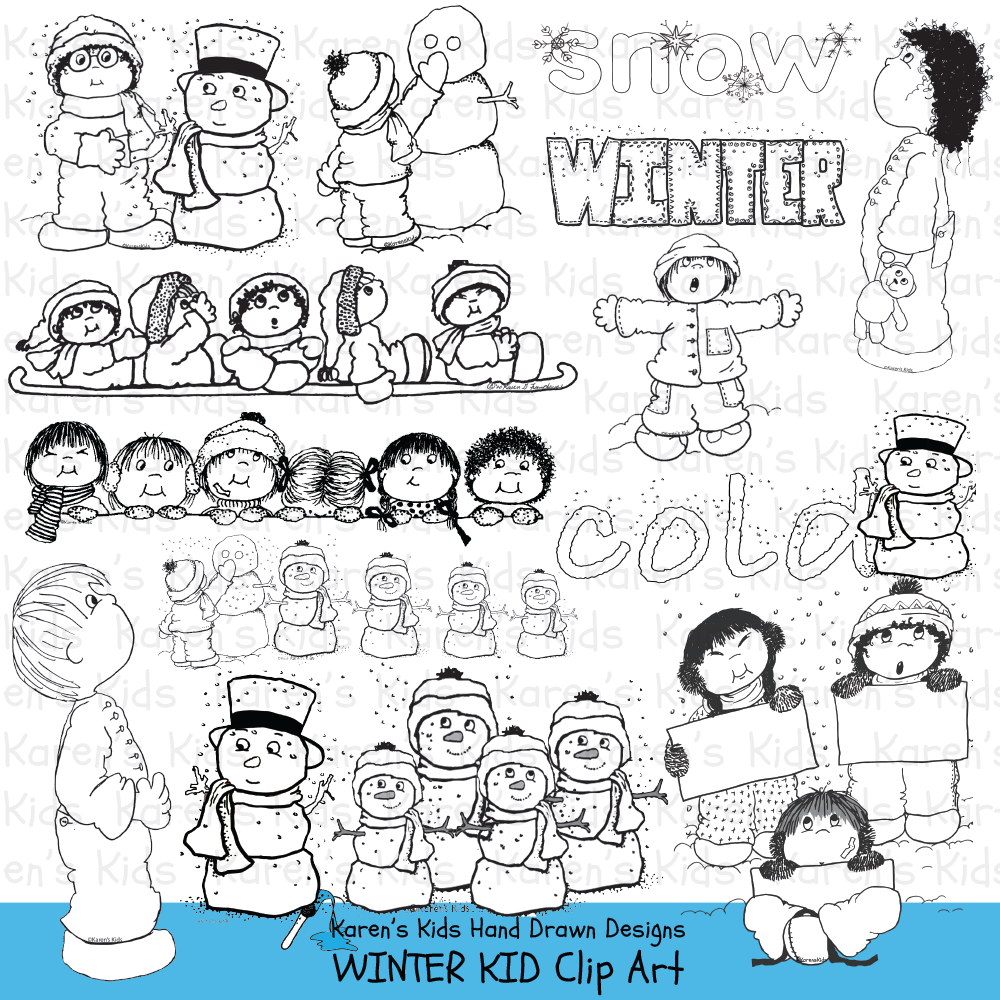 Samples of Winter Kids black and white clipart; row of kids in winter hats, kids building snowman, kids bundled up.