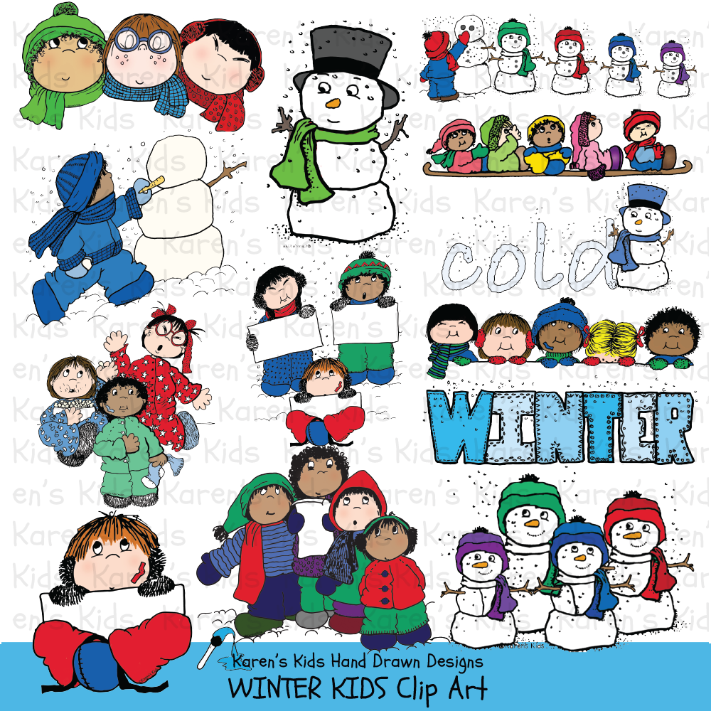 Samples of Winter Kids clipart; row of kids in winter hats, kids building snowman, kids bundled up.
