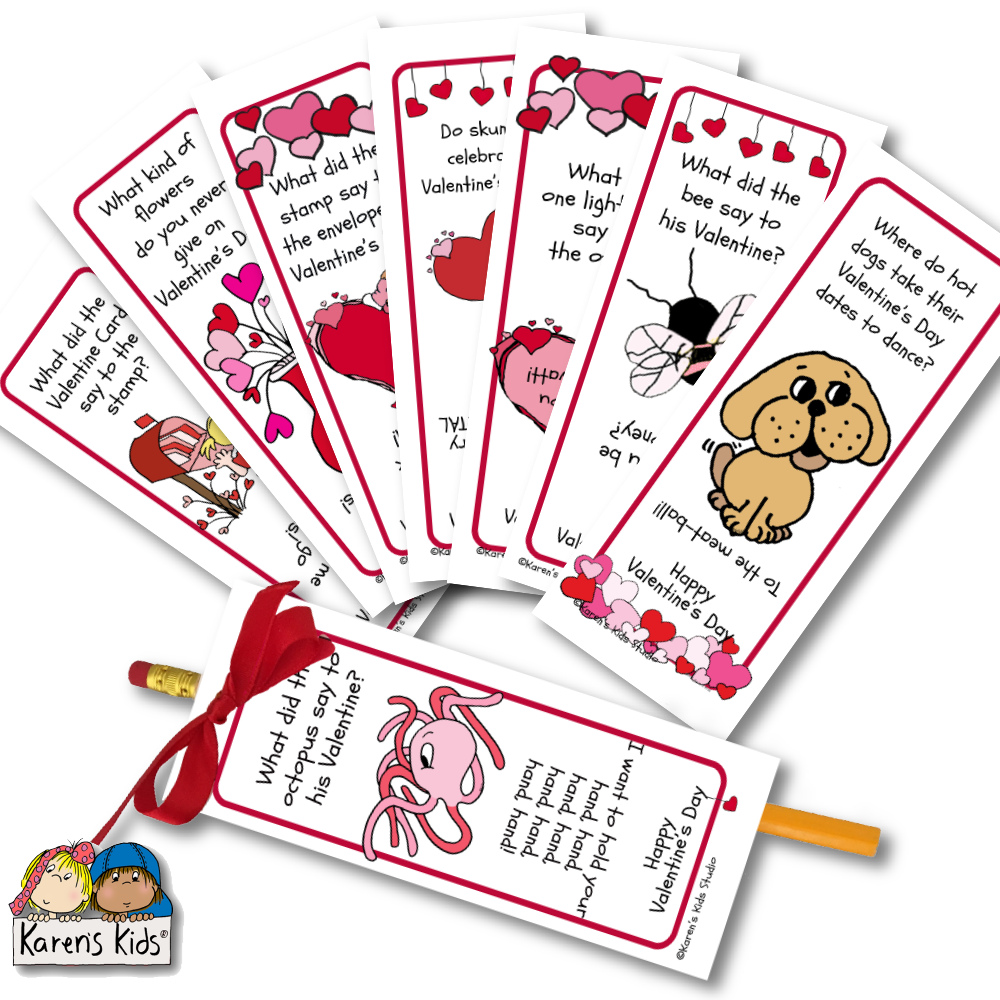 The picture shows a photo of 8 bookmarks each one  is decorated with red and pink hearts and valentines, Each design is different and also spiders, dog, octopus, mailbox and more.  The picture shows a pencil tied onto the heart with a red ribbon through a hole at the top of the bookmark that looks like agift.
