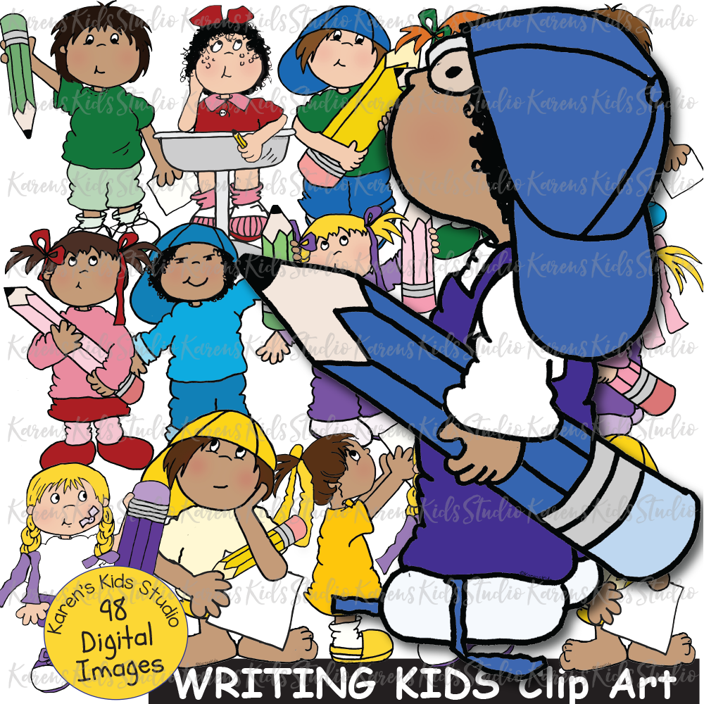 Samples of colorful clipart with samples of kids holding pencils and paper.