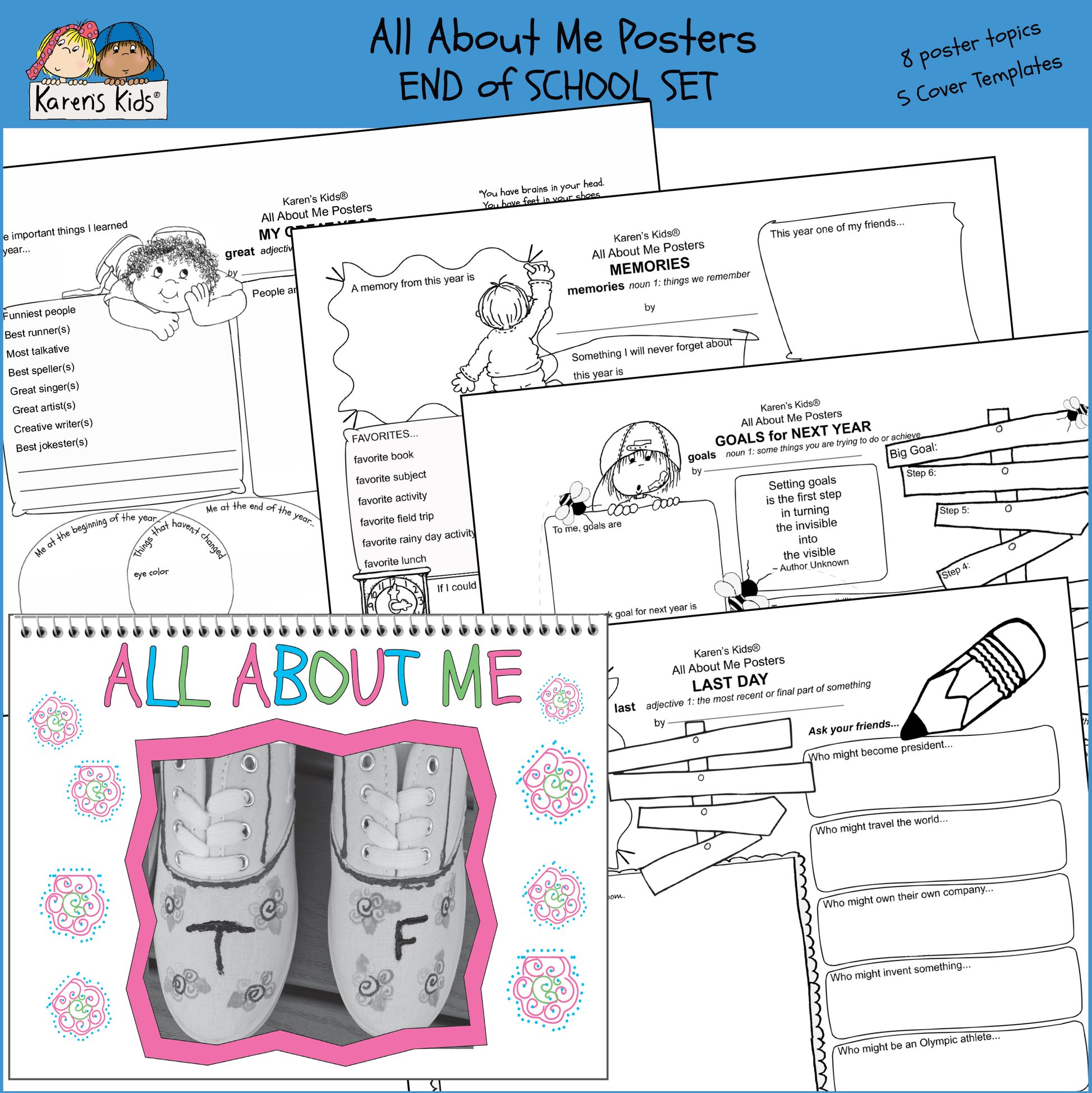 All About Me personal poster printables.  Students fill in prompts about the school year, memories and activities.